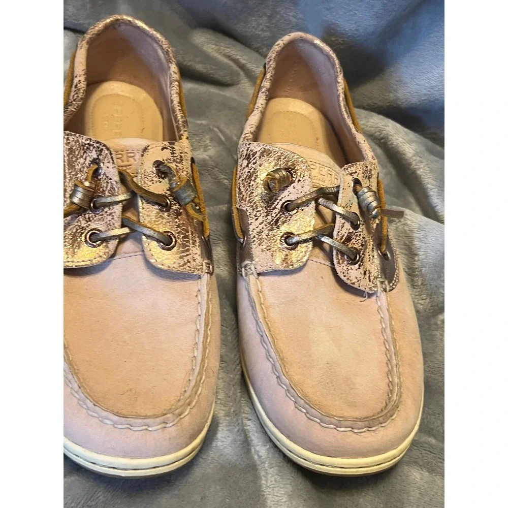 Sperry Boat Shoes Women's Size‎ 12 Blush Suede Rose Gold Metallic Lace Up